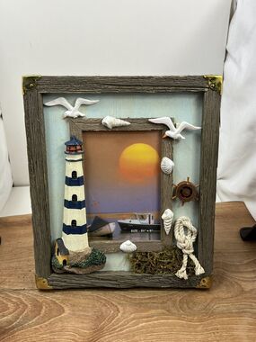 Vintage Lighthouse Picture Frame Table Desk Top Glass Multicolor Nautical Sea